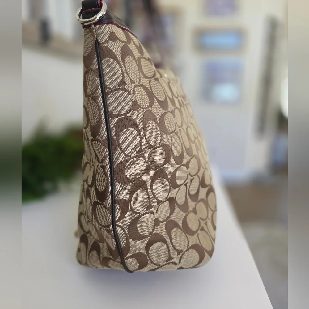 Coach Signature Pleat Tote - Khaki/Tan Canvas With Brown Leather & Pink Accents - Picture 7 of 16